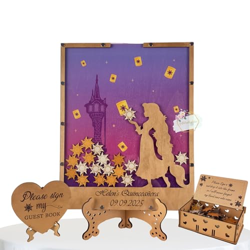 Rapunzel Guest Book Alternative | Princess Quinceañera Sweet XV Wooden Dropbox Frame with Lantern Tokens | Personalized Fairytale Guestbook Keepsake