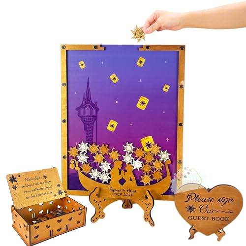 Tangled Wedding Guest Book Alternative | Personalized Rapunzel Inspired Wooden Guestbook Frame with Lantern & Sun Tokens | Fairy Tale Wedding Decoration & Keepsake