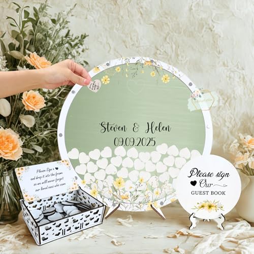Floral Wedding Guest Book Alternative Round Wooden Frame with Personalized Flowers Guestbook for Guests to Sign Rustic Wedding