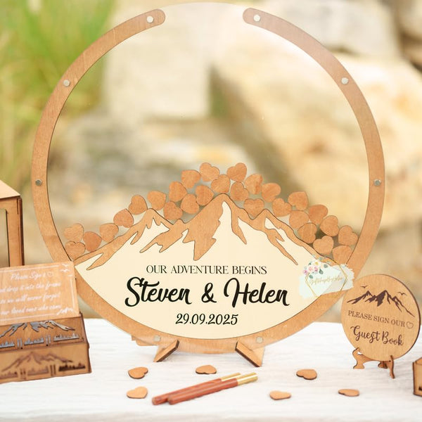 Rustic Mountain Guest Book Alternative | National Park Wedding Decor Round Wooden Frame | Minimalist Nature Wedding Sign-In Board | Personalized Drop Box Memory Keepsake