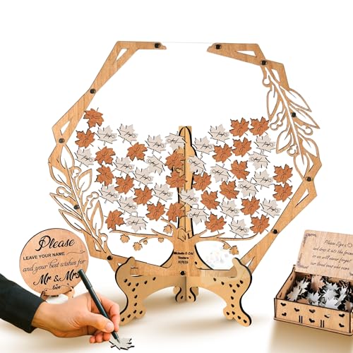 Personalized Maple Leaf Guest Book – Modern Wooden Guest Book Alternative for Weddings, Hexagon Frame with Signing Leaves, Rustic Autumn Keepsake for Anniversary & Special Events