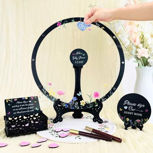 Custom Baby in Bloom Guest Book Frame | Personalized Circle Floral Baby Shower Sign-In Alternative | Wooden Keepsake for Nursery Wall Art & New Baby New Mom Gift
