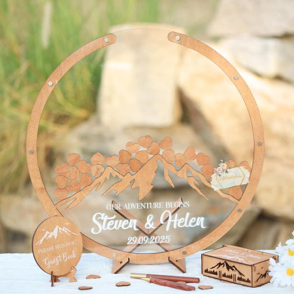 Mountain Wedding Guest Book Alternative | Personalized Round Wooden Drop Box for Nature Lovers | Rustic Minimalist Guestbook for Outdoor Ceremony & Reception