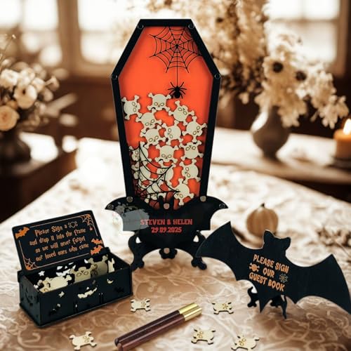 Halloween Wedding Guest Book Alternative Round Frame Custom Gothic Guestbook with Dark Romantic Couple Design Personalized Rustic Fall Sign In Board for Wedding, Trick or Treat Decoration for Home
