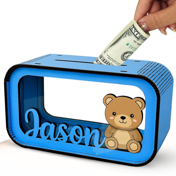 Customized Wooden Coin Bank with Name | Clear Gift for Real Money, Baby Shower & Christmas Present