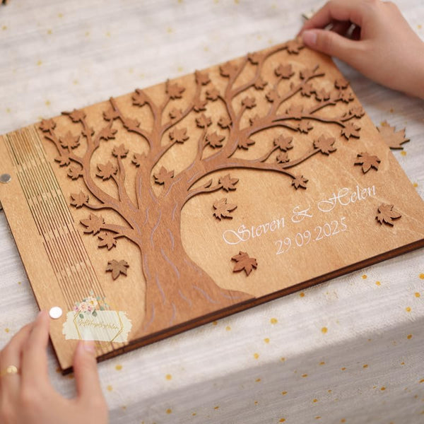 Rustic Family Tree Guest Book for Wedding – Wooden Wedding Guestbook Alternative, Small Guest Book for Reception, Memory Scrapbook, 20th 30th Anniversary Gift, Couple Adventure Signature Book