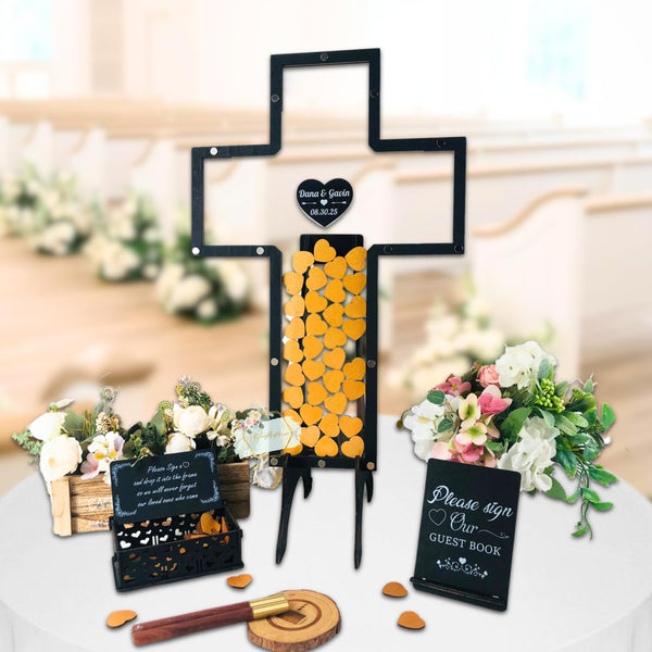 Christian Cross Guest Book Wedding Guestbook Alternative Personalized Wooden Cross for Wedding Baptism First Communion Church Guest Sign In Book Religious Keepsake with Wooden Hearts