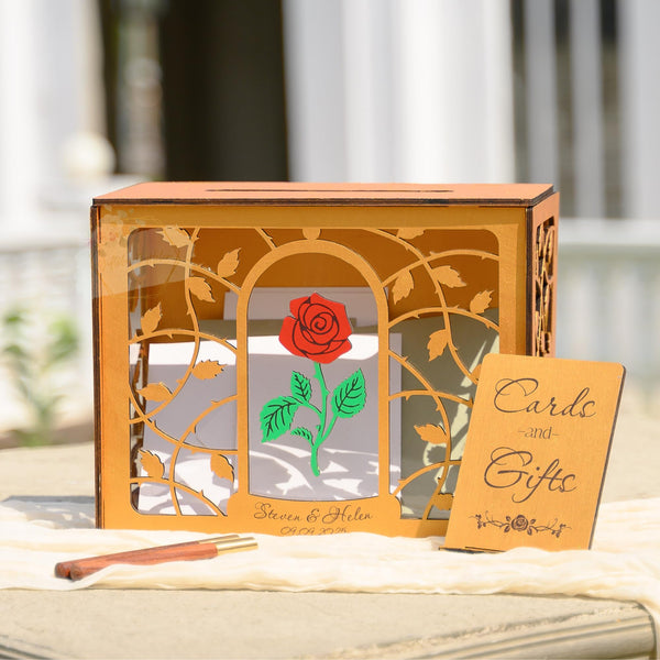 Wedding Card Box with Acrylic Window Custom Rose, Wooden Gift Card Box for Wedding Reception Decorations, Rustic Wedding Decor, Rustic Envelope Card Box Storage for Party