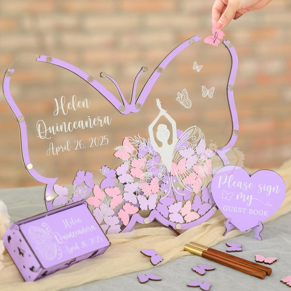 Quinceañera Butterfly Guest Book Alternative Custom Sign In Frame for Mis XV Party Personalized Princess Pastel Purple Guest Book for 15th Birthday or Sweet 16 Keepsake Decoration