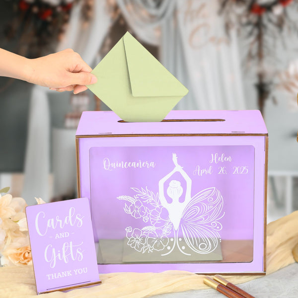 Cutomized Quinceañera Card Box with Acrylic Window Butterfly Mis Quince Reception Envelope Card Box for Party Favors DIY Party Decor Wedding Reception Quinceañera Birthday Purple Decoration