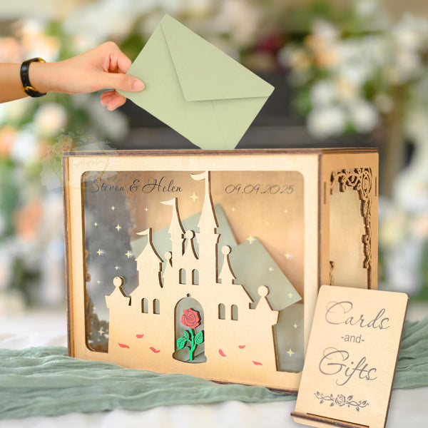 Wedding Card Box with Acrylic Window Custom Rose Castle, Wooden Gift Card Box for Wedding Reception Decorations, Money Newly Named Box Wedding for Party Birthday Rustic Wedding Decor