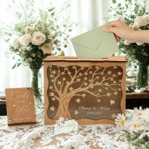 Wooden Wedding Card Box for Reception, Customizable Rustic Wedding Box for Cards and Money Elegant Card Box for Wedding with Tree Design for Wedding Rustic Decoration for Wedding Wooden Card Box