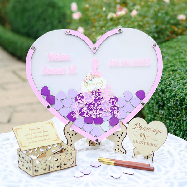 Personalized Quinceanera Heart Guest Book Alternative, Charming Wooden Heart Drop Guest Book with Custom Heart Chips- Guest Book Heart Drop for Mis Quince, Sweet 16, Quinceanera Decor Ideas