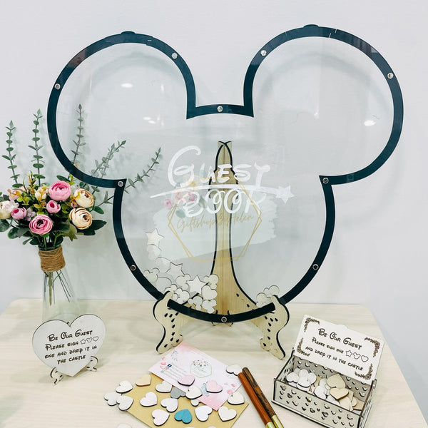 Wooden Baby Shower Guest Book Alternative, Personalized Wooden Mouse Cartoon Theme 1st Birthday Drop Box, Customizable Baby Shower Heart Guest Book Drop Box, Heart Drop Guest Book For Baby Shower