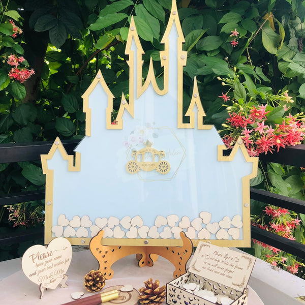 Personalized Wonderland Castle Wedding Guest Book Alternative, Customize Fairy Tale Castle Alternative Wedding Guest Book With Wooden Hearts For Wedding, Quinceañera, Birthday Celebration Decor