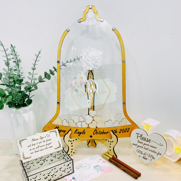 Wedding Transparent Heart Guest Book Drop Box: Alternative Wooden Frame For Rustic Wedding Guest Book, Personalized with Customized Rose Petals & Bell, Wooden Hearts for Guest Book Included