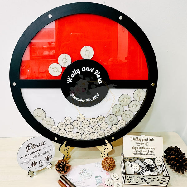 Personalized Black Ball Wedding Guest Book Alternative, Ball Wooden Wedding Guest Book Idea, Ball Wedding Theme Guest Book, Customized Red And White Poke Ball Guest Book Drop Box