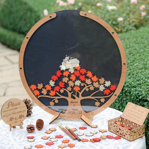 Personalized Wedding Tree Guest Book Alternative With Wooden Maple Leaf Drop, Rustic Wedding Guest Book with Maple Tree Theme, Custom Wedding Guest Book, Rustic Tree Guest Book For Wedding