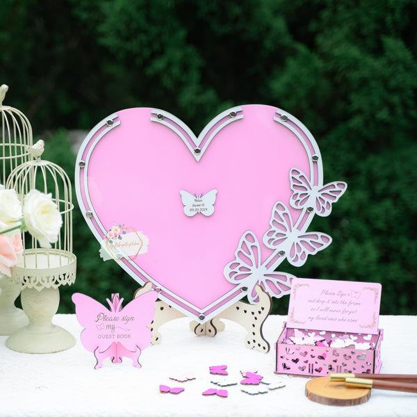 Personalized Heart Guest Book Alternative with Colorful Butterfly, Sweet 16 Guest book with Wooden Butterfly Frame, Pink Guest Book Alternative for Quinceañera, Gift for Sweet Sixteen