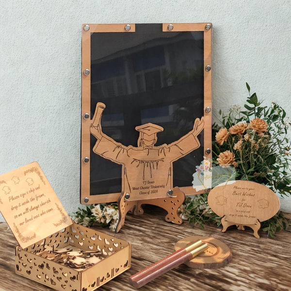 Graduation Guest Book Alternative Custom Wooden Rectangle Frame with Graduate Silhouette Guest Book for Graduation Party 2025 Guest Sign In Display and Keepsake Memory Decor