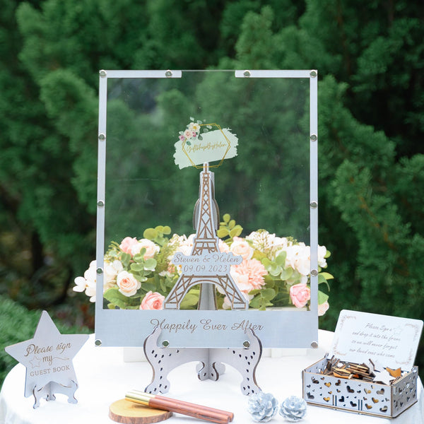 Personalized Guest Book Drop Box for Wedding Reception, Wedding Guest Book Alternative with Eiffel Tower Pattern, Wooden Guest Book Frame with Heart for Reception Alternative, Unique Guest Book Ideas