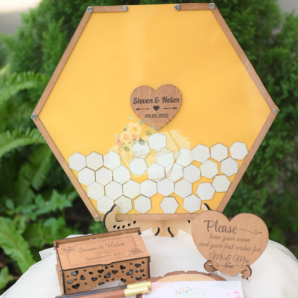 Transparent Wedding Guest Book Alternative Frame - Customizable Wooden Wedding Hexagonal Guest Book Drop Box For Love Minimalism Rustic Wedding, Anniversary Decor - Laser Engraved Guest Book Frame