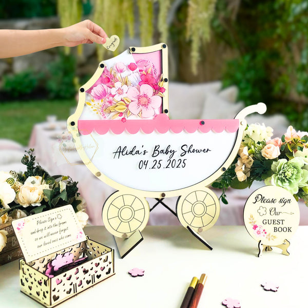 Baby In Bloom Baby Shower Guest Book Alternatives Custom Baby Stroller Guest Book for Gender Reveal Party Baby In Bloom Shower Decorations Baby Shower Guest Book Frame