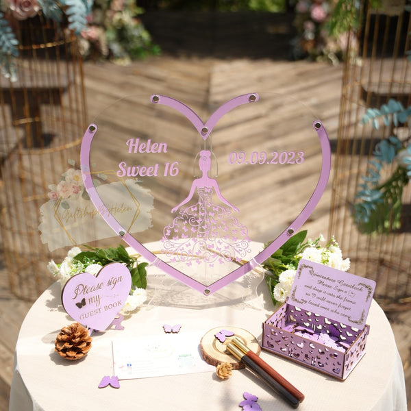 Quinceañera Heart Guest Book Personalized - Princess Alternative Guest Book Frame - Idea for Customized Mis Quince, Wedding, 15th Birthday Baby Shower, Sweet 16 Quinceañera Guest Book Alternatives