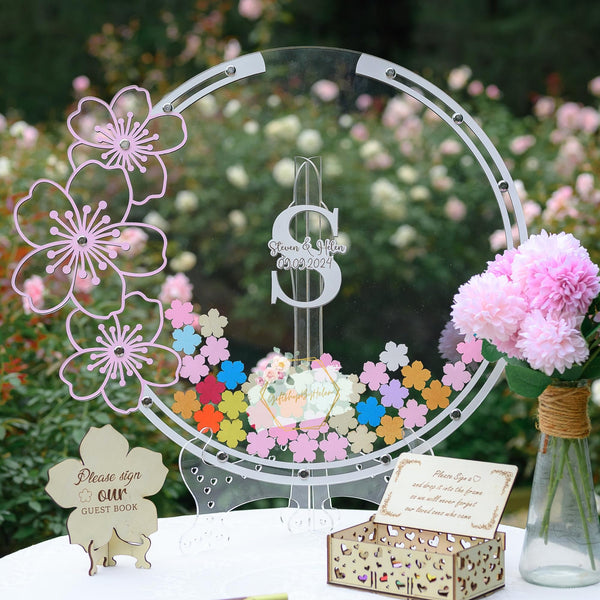 Custom Wedding Guest Book in Cherry Blossom Tree Frame, Personalized Guest Book Alternative for Memorial Celebration, Unique Drop Box with Custom Heart Sign, Floral Guest Book Wedding Reception