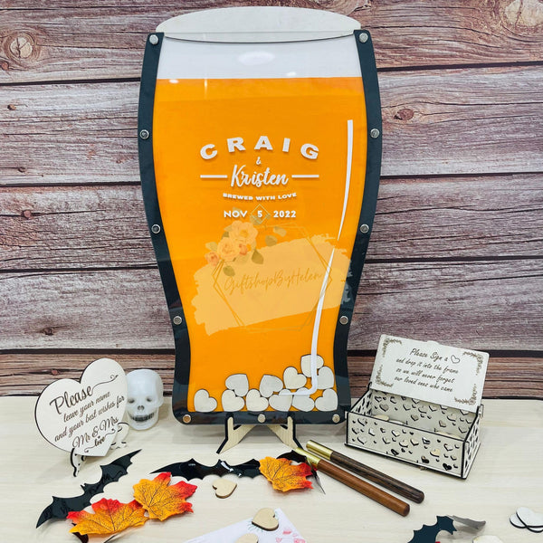 Beer Glass Wedding Guest Book Alternative Frame, Personalized Beer Glass Guest Book for Wedding, Birthday, Anniversary, Custom Engraved Beer Glass Modern Guest Book - Wooden Wedding Guest Book