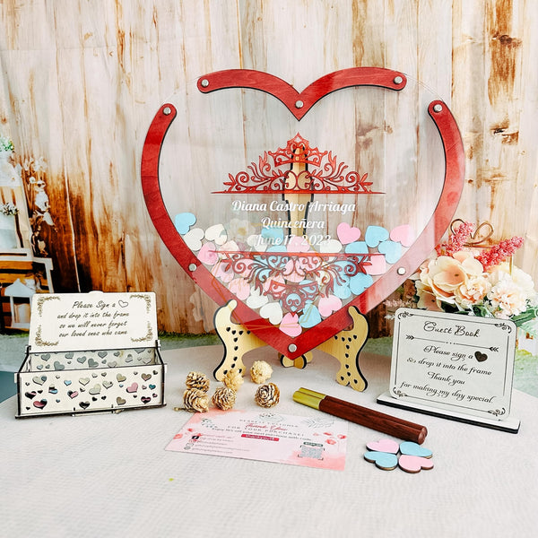 Personalized Sweet 16 Wooden Heart Guest Book Alternative, Quinceañera Guest Book with Heart Guest Book Dropbox Hearts, Guest Book Alternative for Quinceañera Decorations
