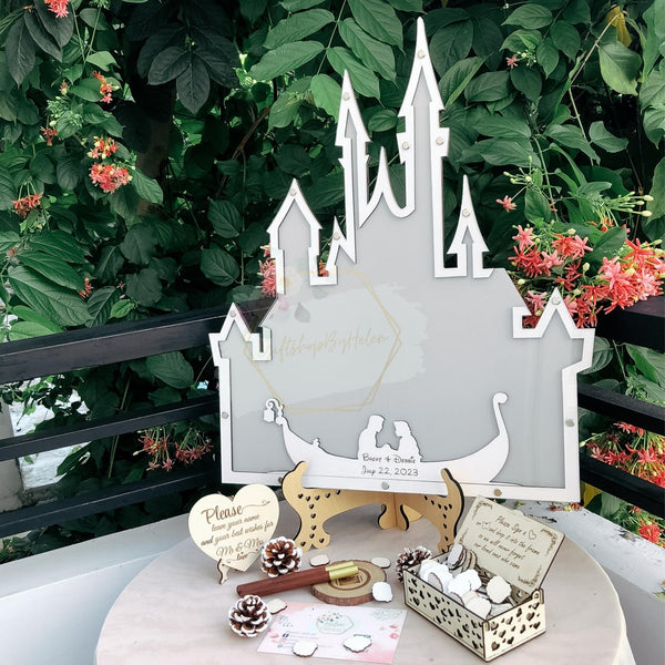 Customize Fantasy Castle Alternative Guest Book Drop Box, Personalized Fairy Tale Castle With Gondola Guestbook, Drop Box with Wooden Hearts For Wedding, Quinceanera, Birthday Celebration Decor