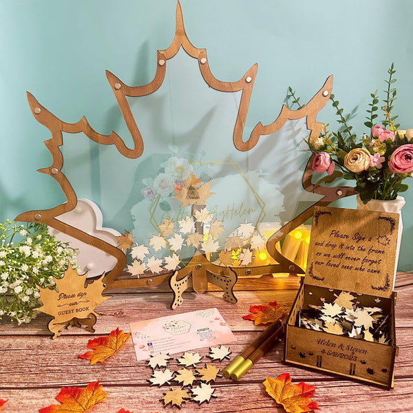 Personalized Mapple Leave Alternative Wedding Guest Book, Customize Your Wedding Wooden Guest book Alternative Frame, Wedding Guest Book Alternative Tree And Leaves - Ideal For Wedding And Anniversary